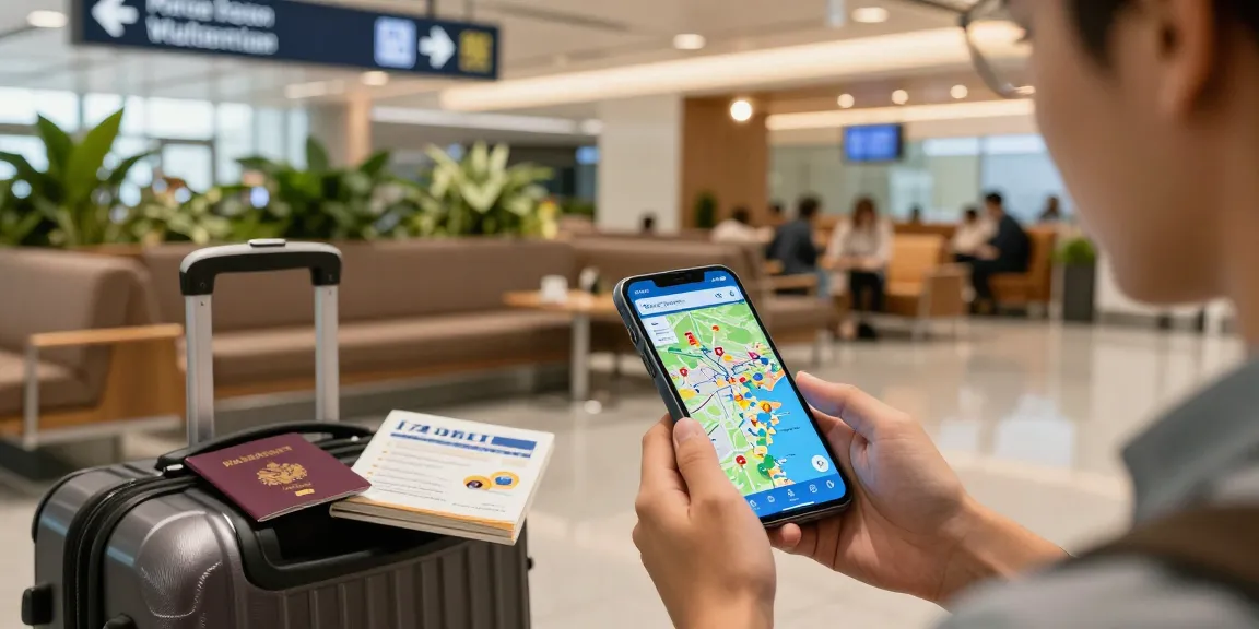 Reise-eSIM Nutzung am Flughafen mit Mobilgerät und Reisezubehör zum globalen Abenteuer.