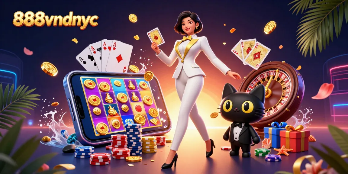 Experience the excitement of gaming at 888vndnyc with a vibrant scene showcasing characters in a casino atmosphere.