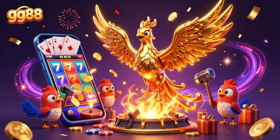 Experience thrills with gg88 as golden coins cascade from a golden phoenix and vibrant slot games.