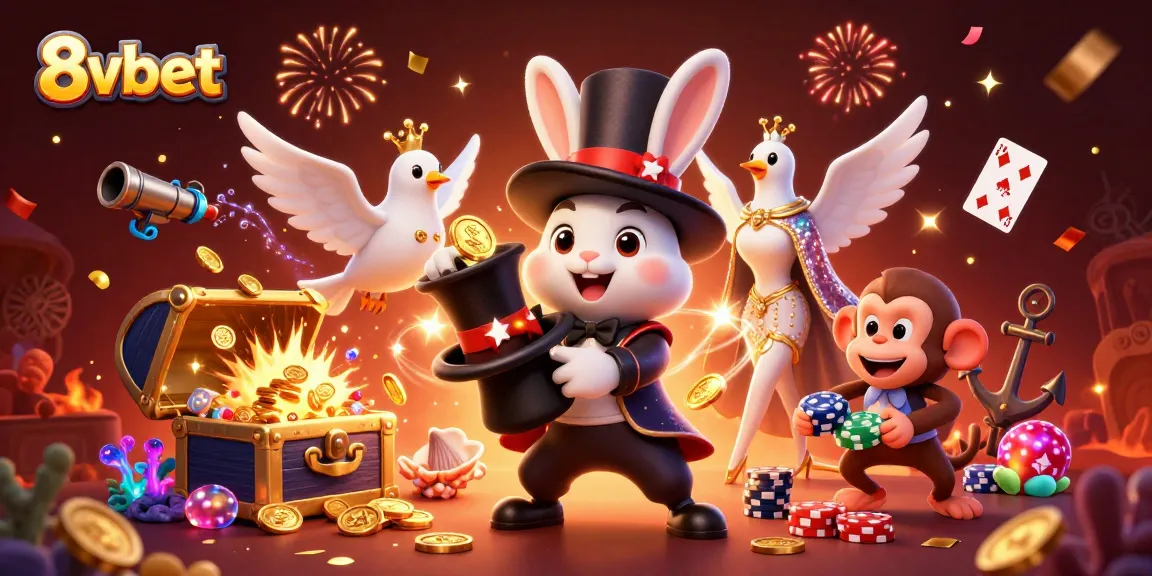 Experience thrilling gaming at 8vbet with a magician rabbit, gorgeous dove, and playful monkey amid casino excitement.