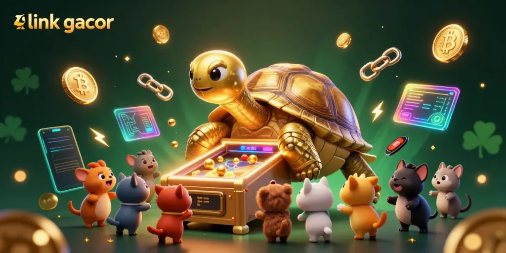 Engage with link gacor in a vibrant casino scene featuring a golden tortoise pinball machine and excited animals.