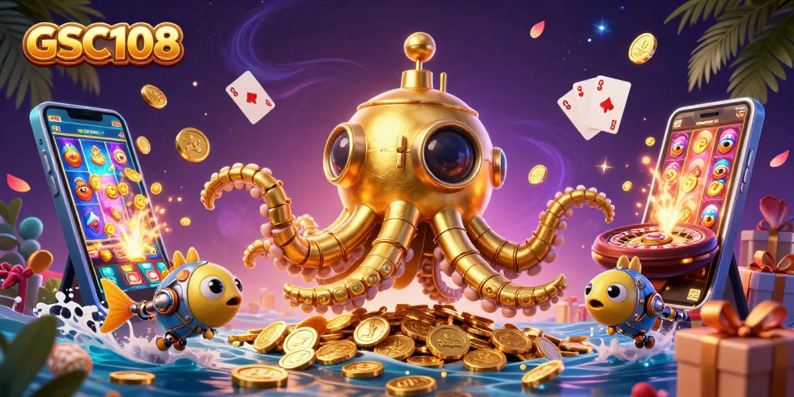 Spin and win with GSC108 in a vibrant underwater casino scene featuring a golden kraken and slot games.