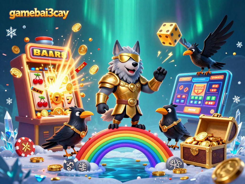 Experience gamebai3cay's vibrant 3D Norse-themed casino scene bursting with excitement.