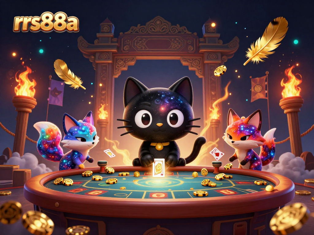 Experience the captivating cosmic casino at rrs88a, where a black hole cat attracts golden chips and cards amidst dynamic game elements.