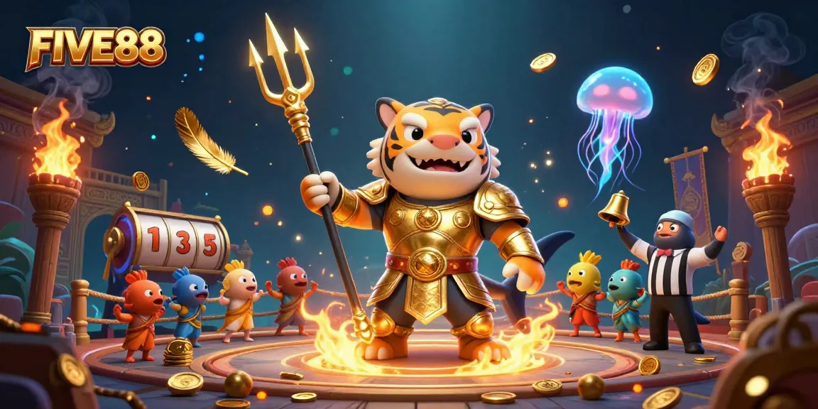 Experience exhilarating gaming action at FIVE88 with a dynamic underwater casino showdown featuring vibrant characters.