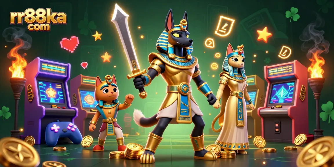 Engage with exciting games at rr88ka com featuring Anubis, Bastet, and arcade elements in a vibrant casino scene.