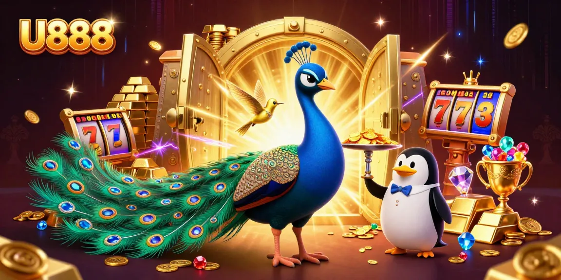 Experience thrilling slots at U888 with dynamic 3D casino illustration full of luxury and excitement.