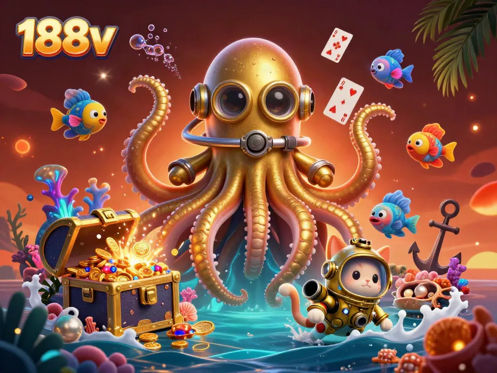 Experience thrilling underwater adventures at 188v with a vibrant 3D illustration featuring a kraken and treasures.