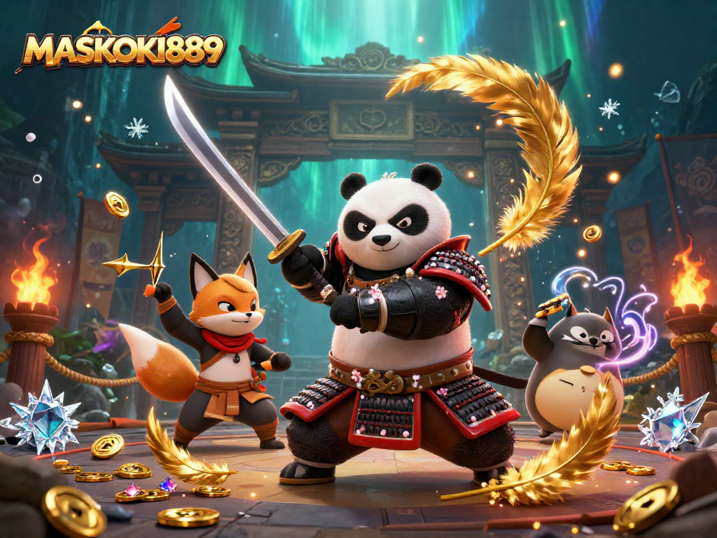 Experience thrilling gameplay with MASKOKI889 as the samurai panda and ninja fox unleash their skills.