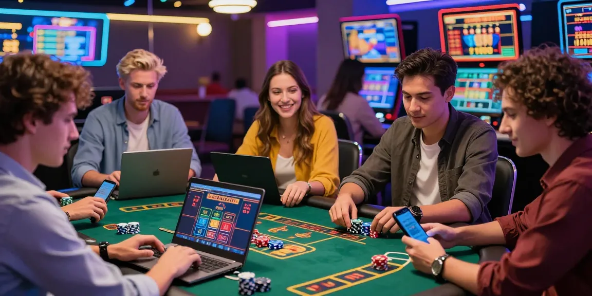 Players at a credit card casino enjoying various games, showcasing a vibrant online gambling atmosphere with neon lights and engaging interfaces.