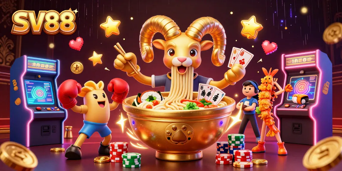 SV88 engages players with a vibrant 3D casino scene featuring card-dealing ramen bowl and energetic cheerleaders.