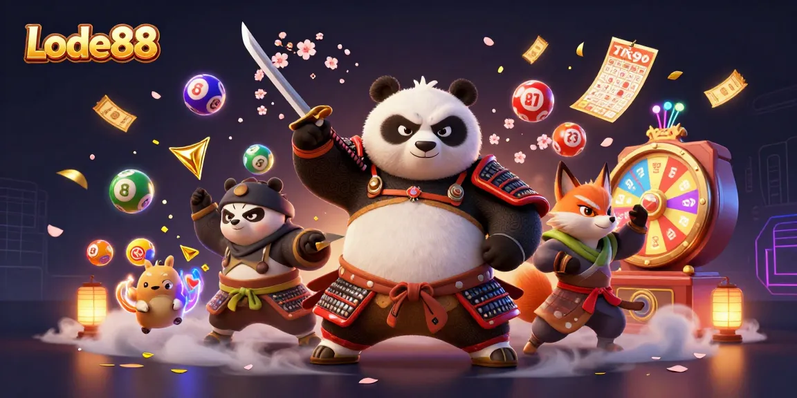 Lode88 celebrates thrilling wins as a samurai panda and friends engage in dynamic lottery actions.