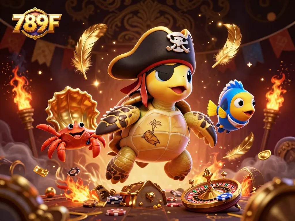 Engage with thrilling moments at 789F, featuring an adventurous turtle and treasures in a vibrant casino scene.