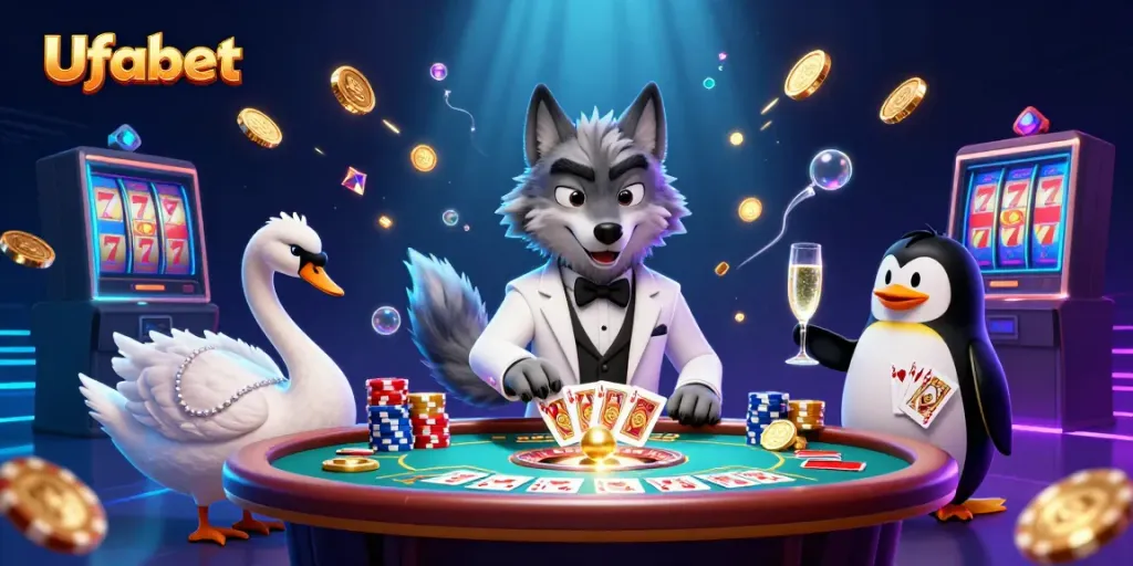 Experience thrilling Ufabet action as characters play cards and celebrate wins amidst dazzling casino elements.