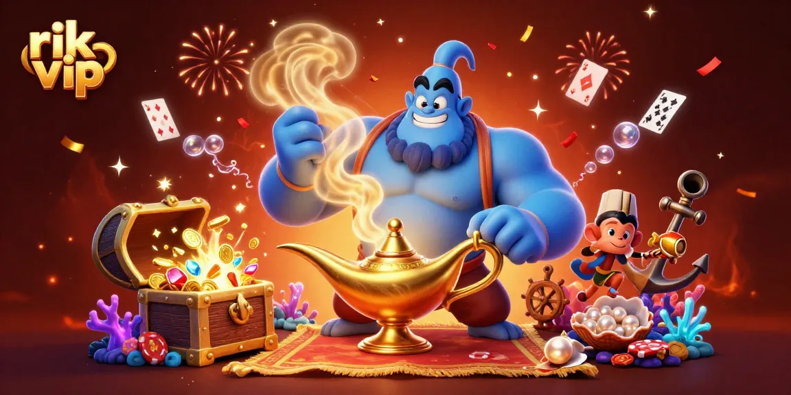Experience the thrill of rik vip with a magical genie, poker chips, and vibrant casino elements.