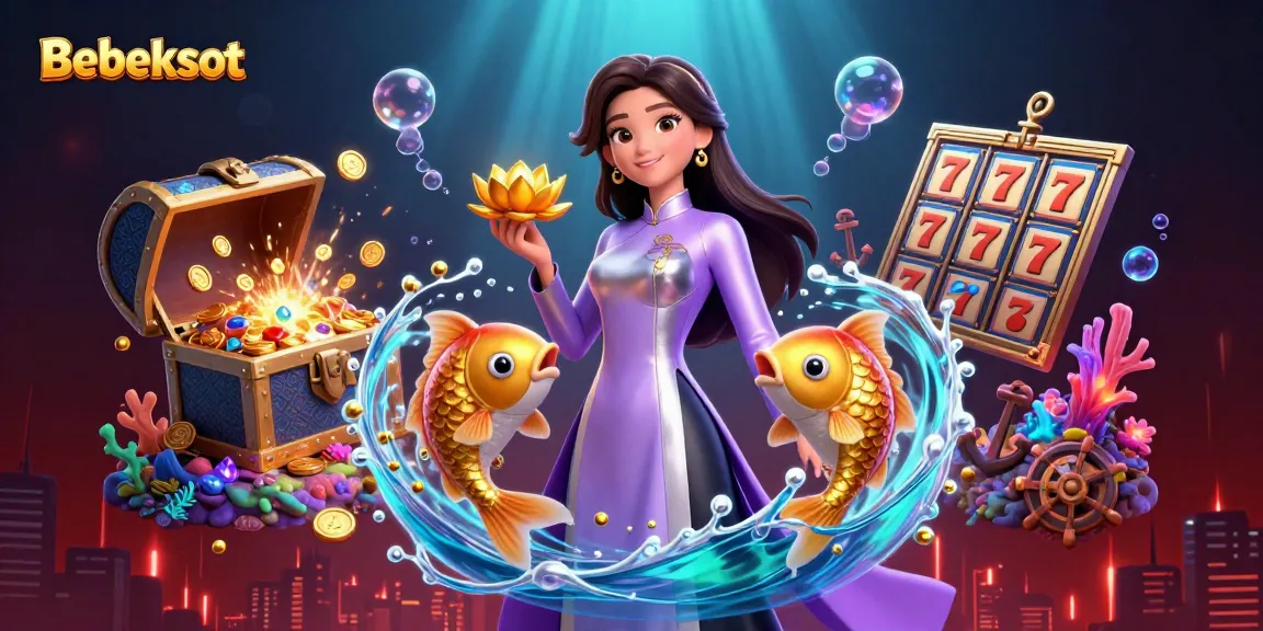Bebekslot promotes excitement with a vibrant illustration featuring a lucky Asian woman amidst colorful slot reels and treasures.