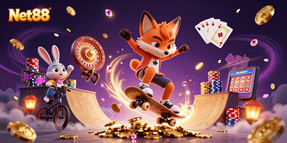 Net88 showcases an exciting 3D illustration featuring a fox and rabbit in a vibrant casino scene.