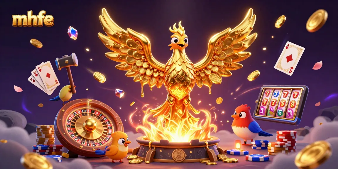 Experience gambling excitement at mhfe with a stunning phoenix emerging from molten gold and vibrant casino elements.