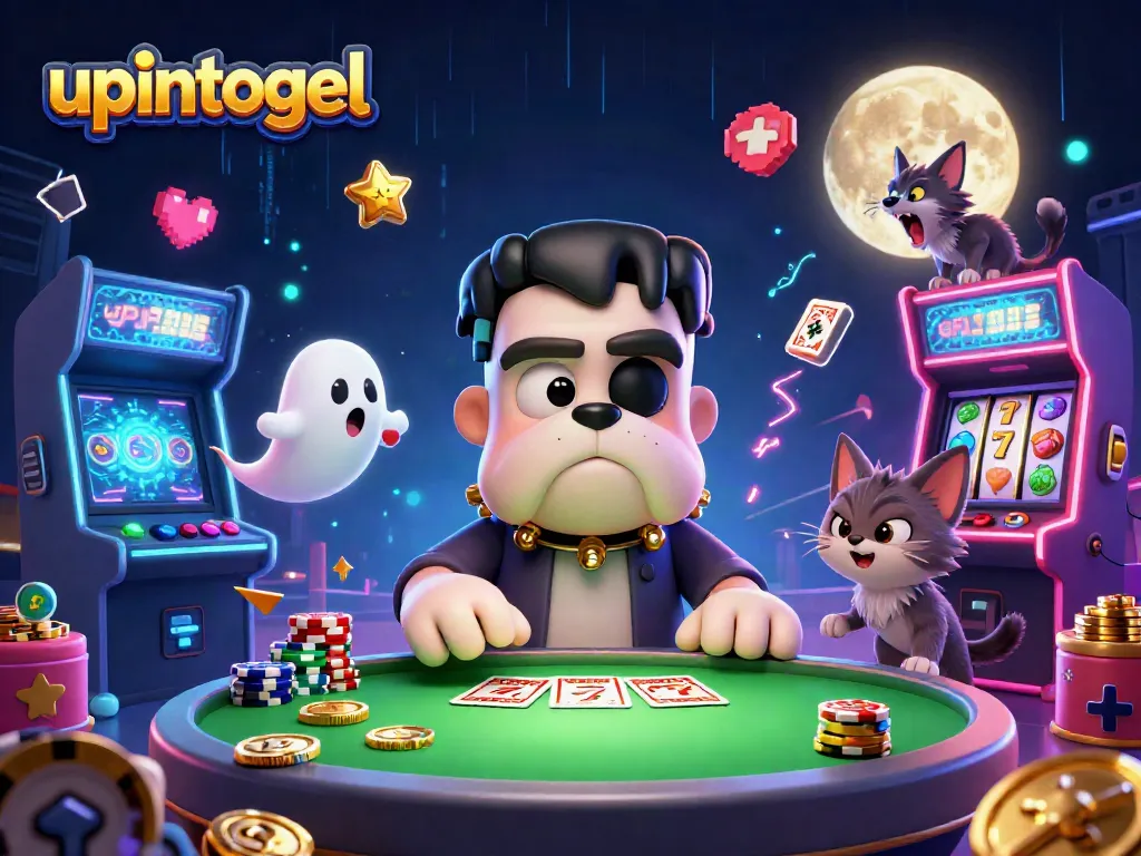 Menangkan chip dengan upintogel sambil bermain kartu di meja teror yang dilayani oleh anjing Frankenstein.