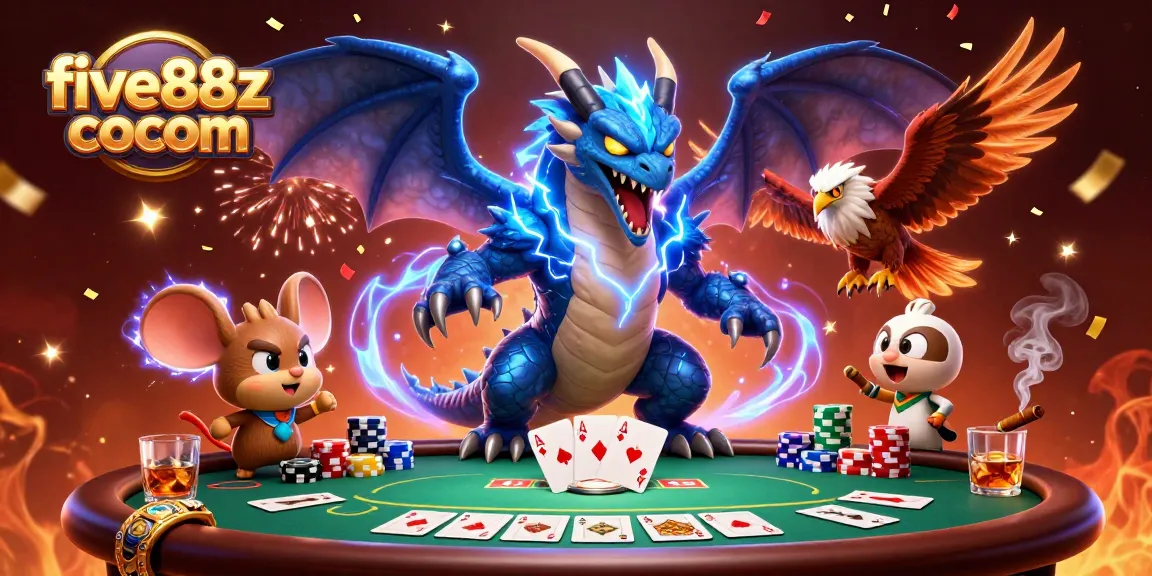 Engage in thrilling poker action with five88z cocom amidst a vibrant 3D casino scene.