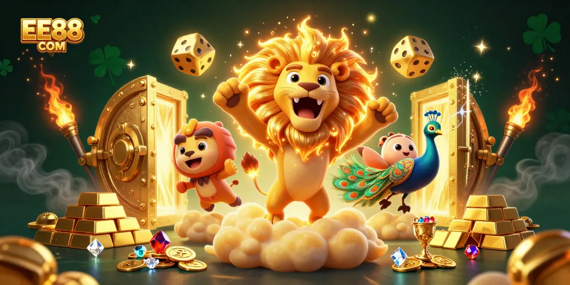 Engage in superior gaming adventures with EE88 COM, amidst roaring lions and tumbling golden dice.