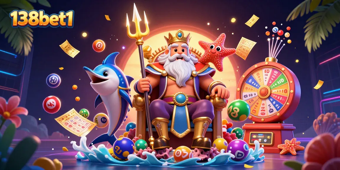 Engage with 138bet1's vibrant lottery scene featuring Neptune and colorful game elements.