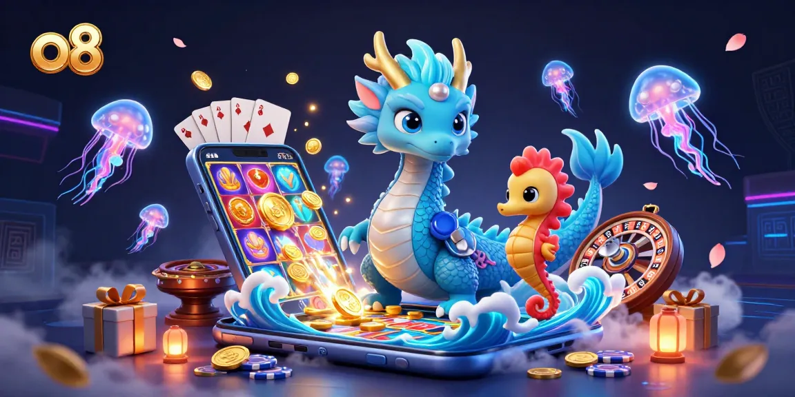 Engage with the exciting world of o8 while admiring a dynamic 3D casino scene with dragons and casino games.