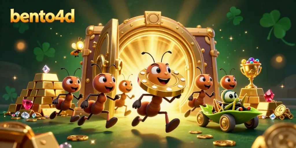 Embark on the bento4d adventure as cartoon ants heist a giant poker chip amidst treasures.