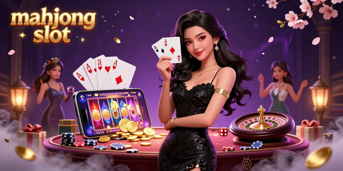 Experience the excitement of mahjong slot with a captivating illustration featuring a stylish player holding cards amidst casino elements.