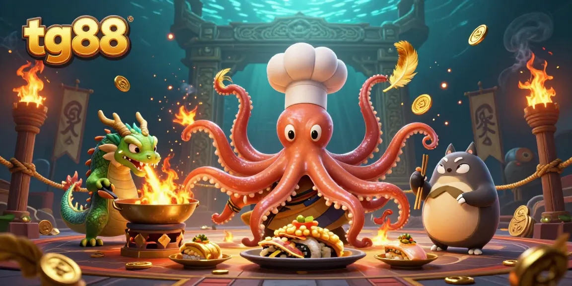 TG88 casino experience with a colorful sushi chef octopus, dragon, and tanuki creating excitement.