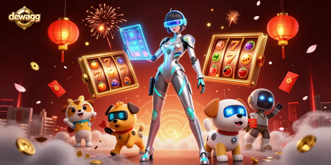 Experience thrilling gaming moments with dewagg, featuring a futuristic woman and robot dog in a vibrant casino scene.