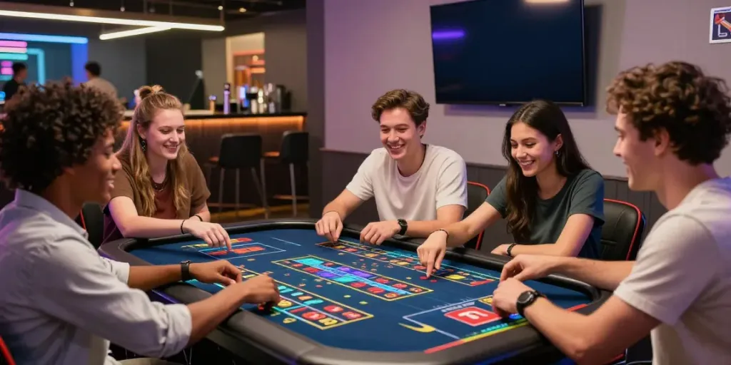 Exciting scene of friends enjoying toto togel at a modern gaming lounge with vibrant atmosphere.