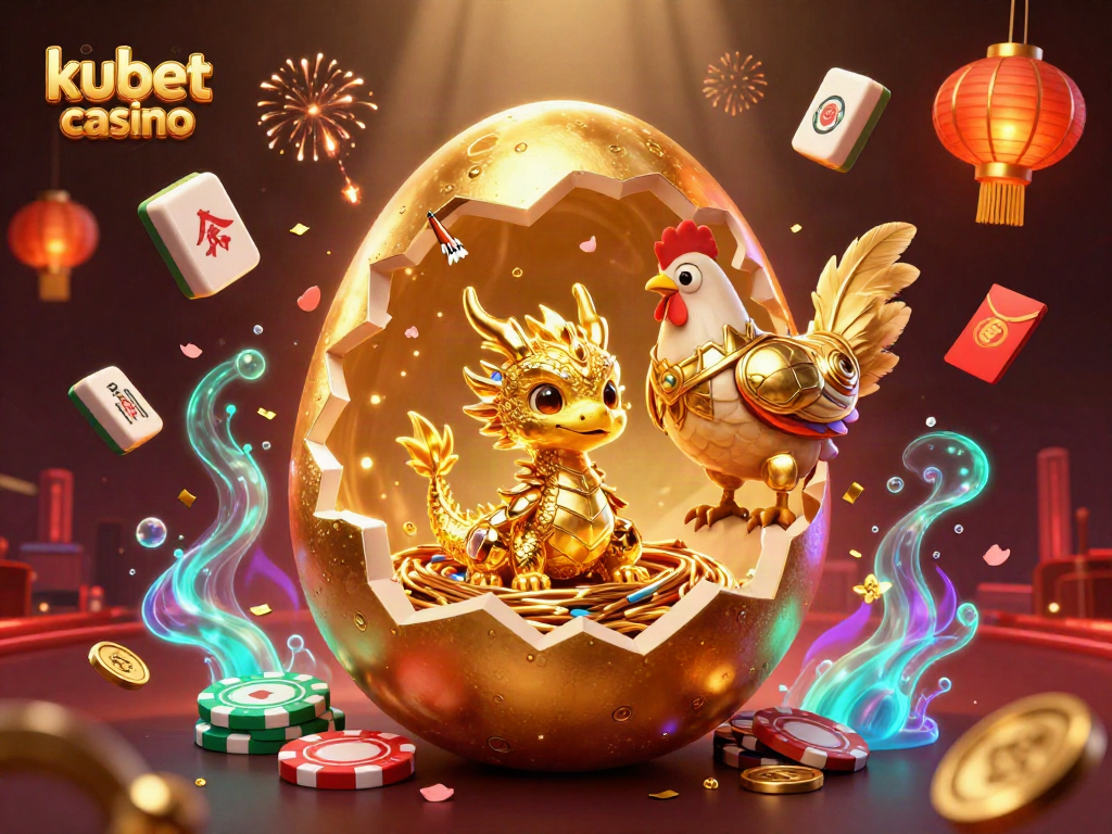 Join the excitement at kubet casino with a golden dragon guardian amid vibrant casino elements.