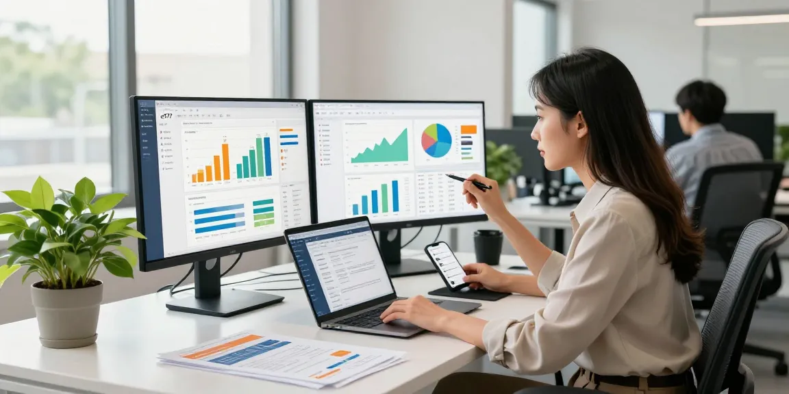 Professional woman analyzing digital analytics for cr777 in modern marketing office.