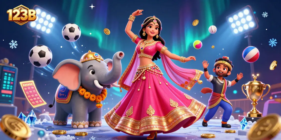 Engage in the thrill of sports betting with 123B's dynamic 3D casino illustration, featuring vibrant characters and game elements.