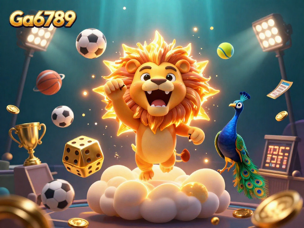 Engage with Ga6789's dynamic sports betting scene featuring a triumphant lion, golden dice, and flying balls.
