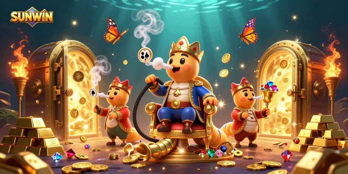 SUNWIN captivates players with a whimsical scene of a caterpillar master blowing poker smoke rings amidst treasures.