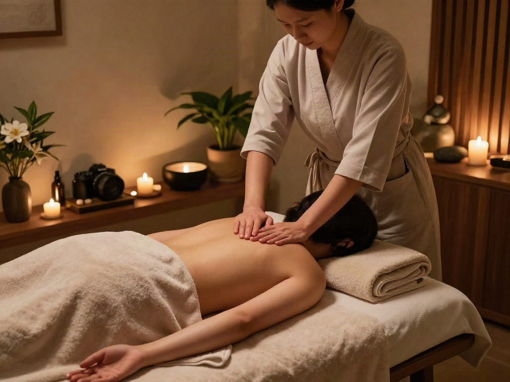 A serene 서울출장마사지 session in a calming spa environment with soft lighting and natural decor.