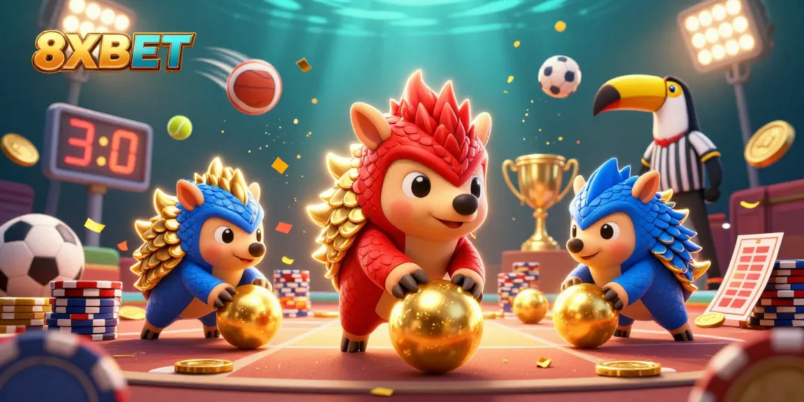 8XBET pangolins compete in a dynamic betting scene filled with golden chips and trophies.