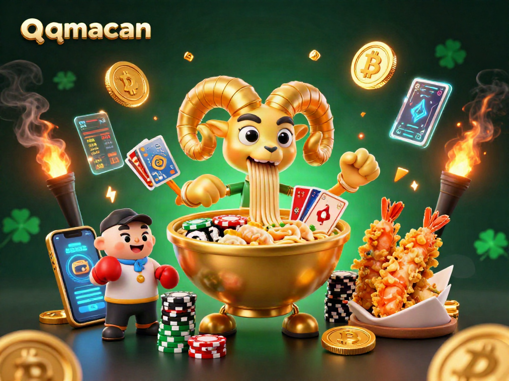 Join the action with qqmacan as a giant ramen bowl deals cards in a vibrant casino scene.