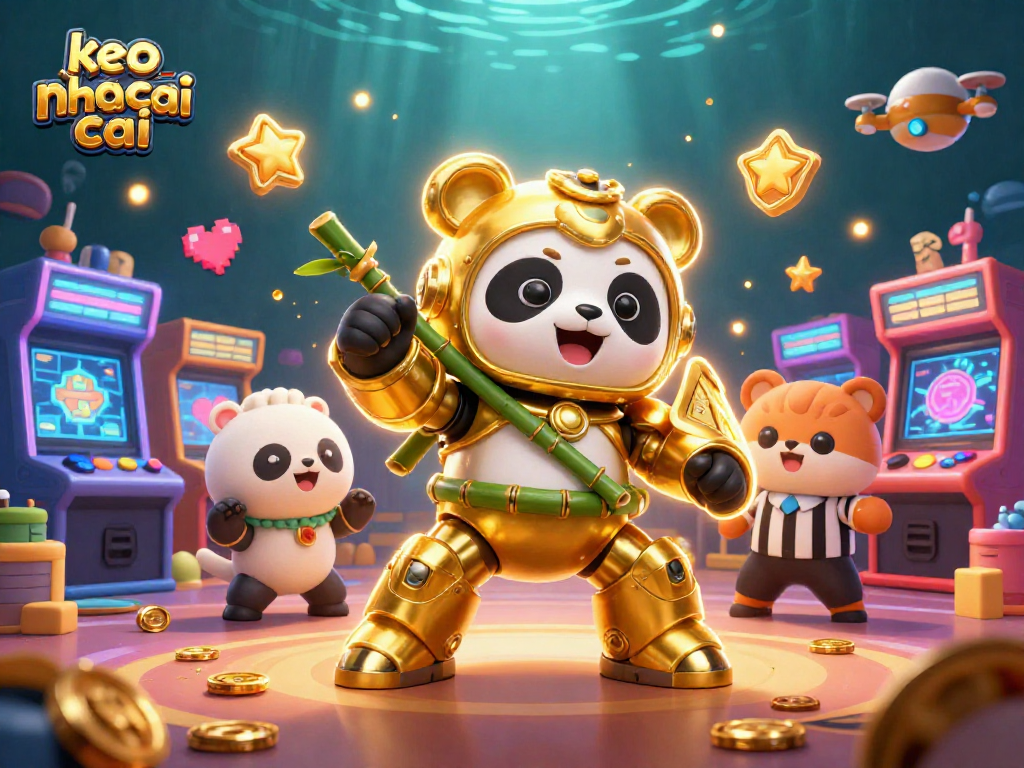 Engage in thrilling gaming with keo nha cai featuring a golden panda in a mech-suit amidst vibrant arcade elements.