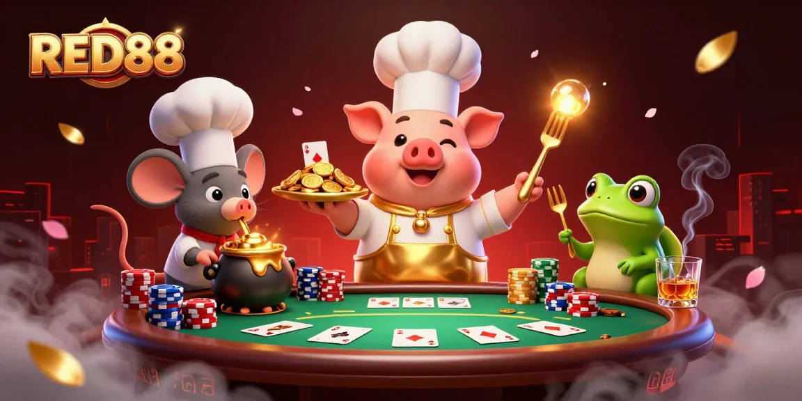 Experience the excitement of RED88 with a chef pig, mouse, and frog in a vibrant casino scene.