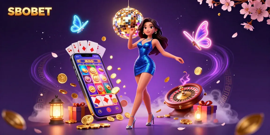 SBOBET sports betting scene with a glamorous dancer amidst vibrant casino elements showcasing excitement and thrill.