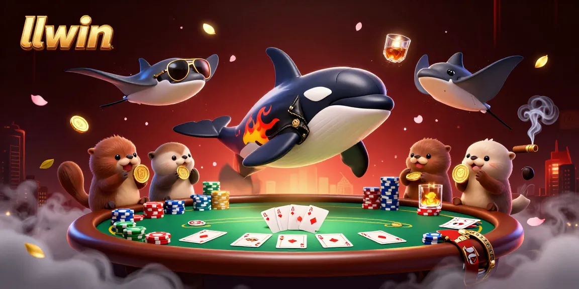 Experience llwin gaming thrills with a dynamic scene of a jumping orca and sea creatures amidst poker tables and vibrant casino elements.