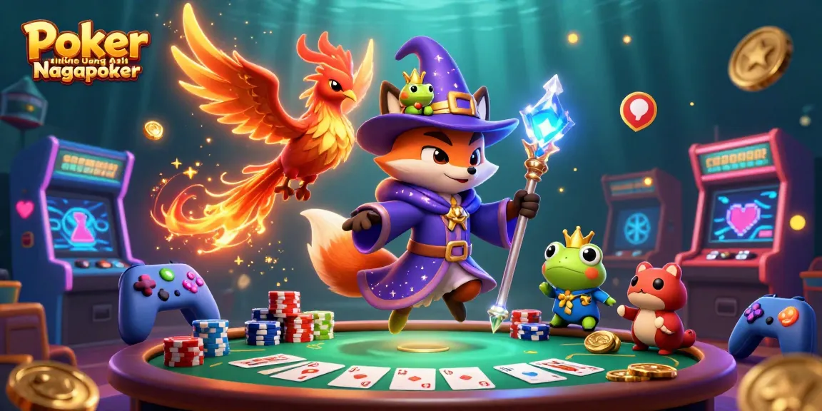 Play Poker Online Uang Asli Nagapoker in a vibrant fantasy casino scene with enchanting characters.
