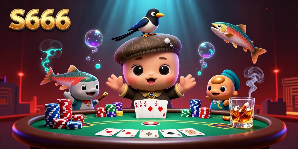 S666 brings playful vibes with cartoon Nessie and poker elements in a dynamic casino scene.