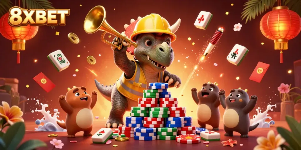 Experience excitement at 8XBET with lively characters building poker chip pyramids and celebrating!