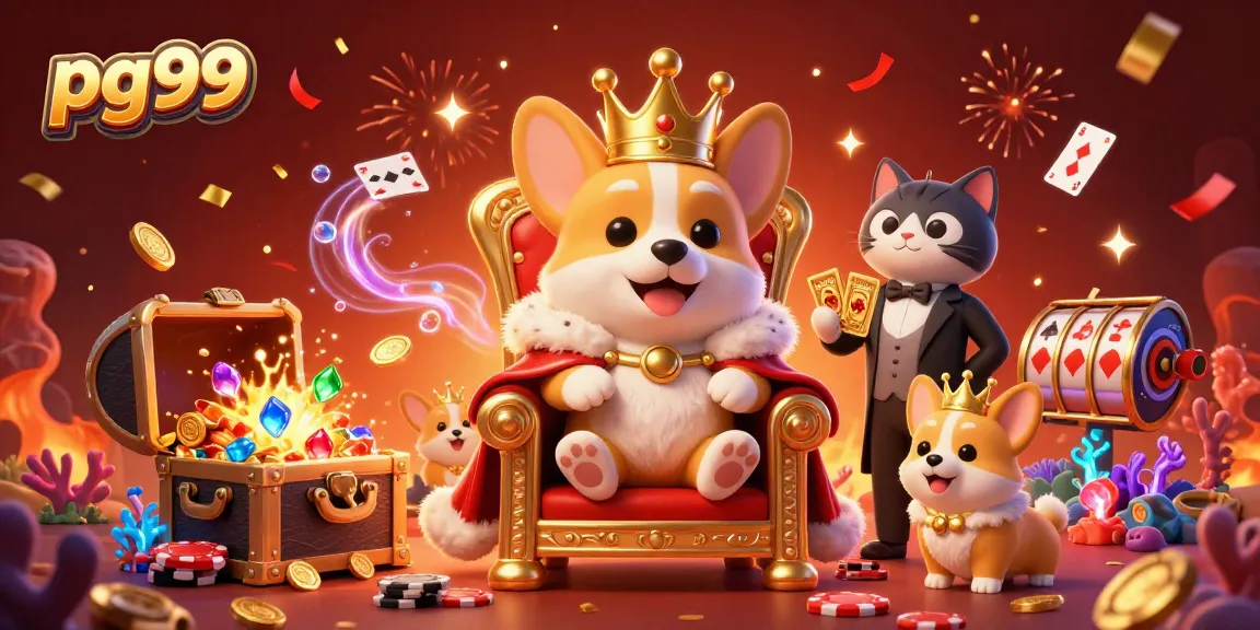 Spin to win at pg99 with an exciting scene of a royal corgi on a poker chip throne surrounded by jewels and playful elements.