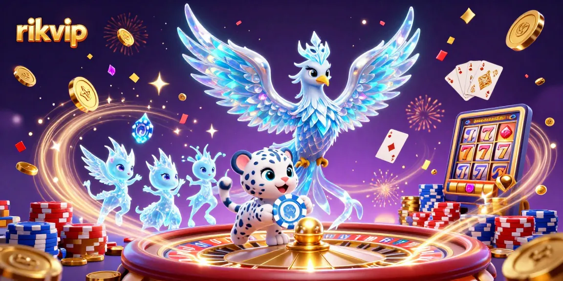 Experience exciting gameplay with rikvip, featuring an ice phoenix, poker chip, and shimmering casino elements.