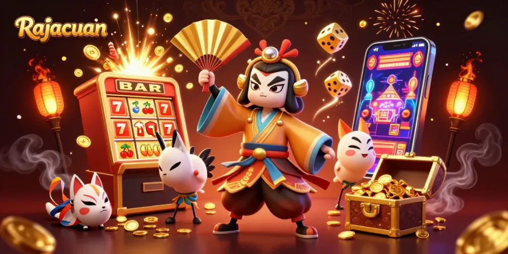Experience Rajacuan excitement with captivating 3D casino characters amidst a jackpot explosion.